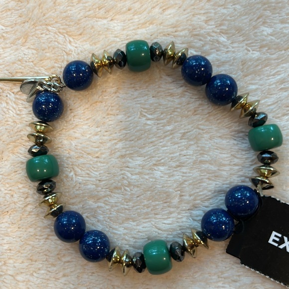 Express Jewelry - EXPRESS Blue / Green / Black /Gold Beaded Stretch Bracelet with miniature charms